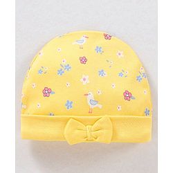 Babyhug 100% Cotton Knit Cap with Floral Print & Bow Applique - Yellow