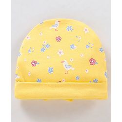 Babyhug 100% Cotton Knit Cap with Floral Print & Bow Applique - Yellow