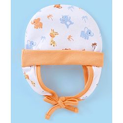 Babyhug 100% Cotton Cap Wild Animal Print White & Orange - Diameter 9.5 cm