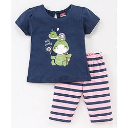 Babyhug Half Sleeves Cotton Capri Night Suit Tortoise Print - Navy Blue & Pink