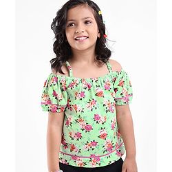 Babyhug 100% Cotton Half Sleeves Cambric Top With Lace & Frill Detailing Floral Print- Green