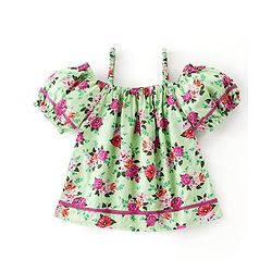 Babyhug 100% Cotton Half Sleeves Cambric Top With Lace & Frill Detailing Floral Print- Green