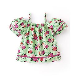 Babyhug 100% Cotton Half Sleeves Cambric Top With Lace & Frill Detailing Floral Print- Green