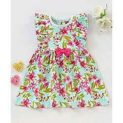 Babyhug 100% Cotton Knit Frock With Bow Applique & Floral Print - Mint