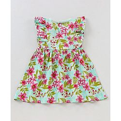 Babyhug 100% Cotton Knit Frock With Bow Applique & Floral Print - Mint