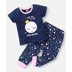 Babyhug Cotton Knit Half Sleeves Night Suit Moon Print - Navy Blue
