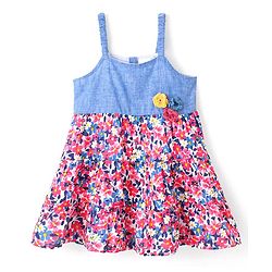 Babyhug 100% Cotton Sleeveless Frock With Floral Corsage & Print - Blue & Red