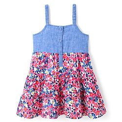 Babyhug 100% Cotton Sleeveless Frock With Floral Corsage & Print - Blue & Red