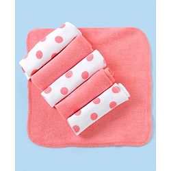 Babyhug Knitted Terry Wash Cloth Pack of 6 Polka Dots Print - Pink & White
