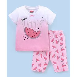 Babyhug Cotton Half Sleeves Capri Night Suit Watermelon Print - Pink