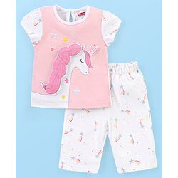 Babyhug Cotton Knit Cap Sleeves Capri Night Suit Unicorn Print - Pink & White