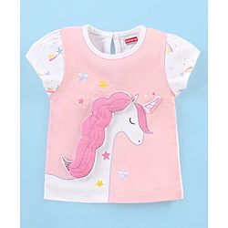 Babyhug Cotton Knit Cap Sleeves Capri Night Suit Unicorn Print - Pink & White