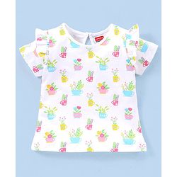 Babyhug 100% Cotton Half Sleeves Tee With Frill Detailing Floral Print- White