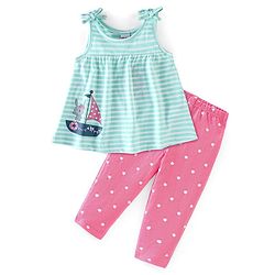 Babyhug 100% Cotton Knit Sleeveless Striped Top and Leggings Set Bunny Print - Blue & Pink