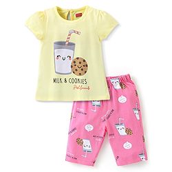 Babyhug Cotton Half Sleeves Capri Night Suit Milk & Cookies Print- Yellow & Pink