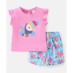 Babyhug 100% Cotton Knit Half Sleeves Top and Shorts Toucan Sequin Print - Blue & Pink