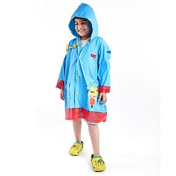 Babyhug Full Sleeves Hooded Monster Graphics Raincoat - Blue