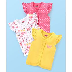 Babyhug 100% Cotton Knit Short Sleeves Set of Vests Butterfly Print Pack of 3 - Pink White & Yellow