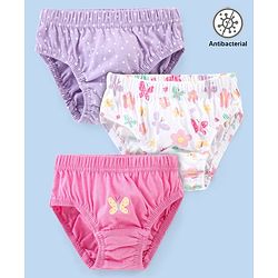 Babyhug 100% Cotton Antibacterial Panties Polka Dots & Butterflies Print Pack Of 3 - Purple White & Pink