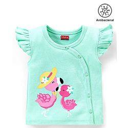 Babyhug 100% Cotton Knit Frill Sleeves Antibacterial Vest Flamingo Print - Green