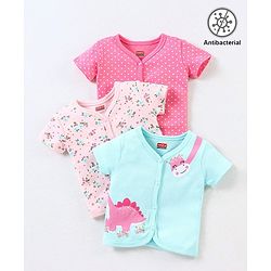 Babyhug 100% Cotton Antibacterial Half Sleeves Vests Dino Print Pack of 3 - Blue & Pink