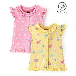 Babyhug 100% Cotton Frill Sleeves Antibacterial Vests With Floral Print Pack of 2- Pink & Yellow