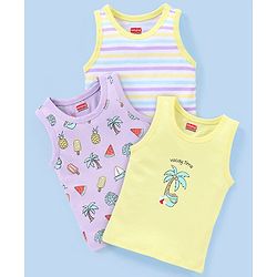 Babyhug 100% Cotton Knit Sleeveless Antibacterial Striped Sando Palm Tree Print Pack of 3 - Purple & Yellow