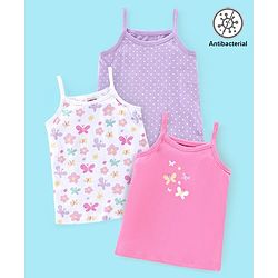 Babyhug 100% Cotton Knit Sleeveless Antibacterial Slips Butterfly & Polka Dot Print Pack of 3 - Pink Purple & White
