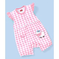 Babyhug 100% Cotton Knit Frill Sleeves Checkered Romper - Pink