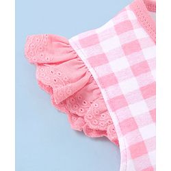 Babyhug 100% Cotton Knit Frill Sleeves Checkered Romper - Pink