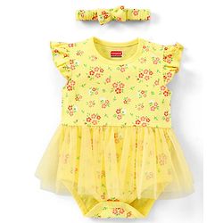 Babyhug 100% Cotton Knit Frill Sleeves Frock Style Onesie with Headband Floral Print - Yellow