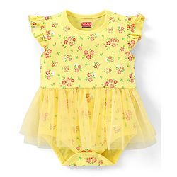 Babyhug 100% Cotton Knit Frill Sleeves Frock Style Onesie with Headband Floral Print - Yellow