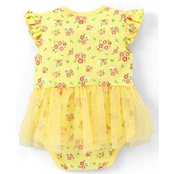 Babyhug 100% Cotton Knit Frill Sleeves Frock Style Onesie with Headband Floral Print - Yellow