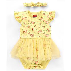Babyhug 100% Cotton Knit Frill Sleeves Frock Style Onesie with Headband Floral Print - Yellow