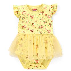 Babyhug 100% Cotton Knit Frill Sleeves Frock Style Onesie with Headband Floral Print - Yellow