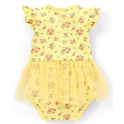 Babyhug 100% Cotton Knit Frill Sleeves Frock Style Onesie with Headband Floral Print - Yellow