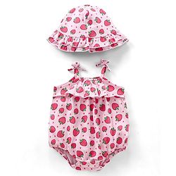Babyhug Singlet Sleeves 100% Cotton Onesie with Strawberry Print and Cap - Pink