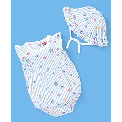 Babyhug 100% Cotton Sleeveless Striped Onesie with Cap Fruits Print - White & Blue