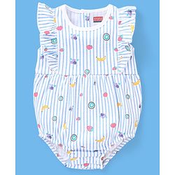 Babyhug 100% Cotton Sleeveless Striped Onesie with Cap Fruits Print - White & Blue