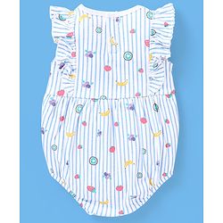 Babyhug 100% Cotton Sleeveless Striped Onesie with Cap Fruits Print - White & Blue
