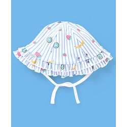 Babyhug 100% Cotton Sleeveless Striped Onesie with Cap Fruits Print - White & Blue