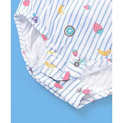 Babyhug 100% Cotton Sleeveless Striped Onesie with Cap Fruits Print - White & Blue