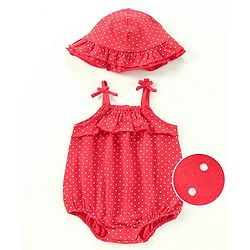Babyhug Singlet Sleeves 100% Cotton Onesie with Dot Print and Cap - Red
