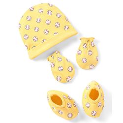 Babyhug 100% Cotton Knit Cap Mittens & Booties Set Balls Print Yellow - Diameter 10.5 cm