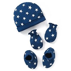 Babyhug 100% Cotton Cap Mittens And Booties Star Print Navy Blue -  Diameter 11.5 cm