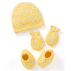 Babyhug 100% Cotton Duck Print Cap Mittens & Booties Set - Yellow