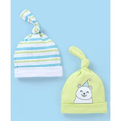 Babyhug 100% Cotton Cap Teddy & Stripes Print Blue & Green - Diameter 9.5 cm