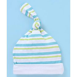 Babyhug 100% Cotton Cap Teddy & Stripes Print Blue & Green - Diameter 9.5 cm