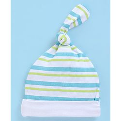 Babyhug 100% Cotton Cap Teddy & Stripes Print Blue & Green - Diameter 9.5 cm