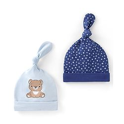 Babyhug 100% Cotton Knit Caps Bear & Star Print Pack of 2 Blue - Cap Diameter 11 cm